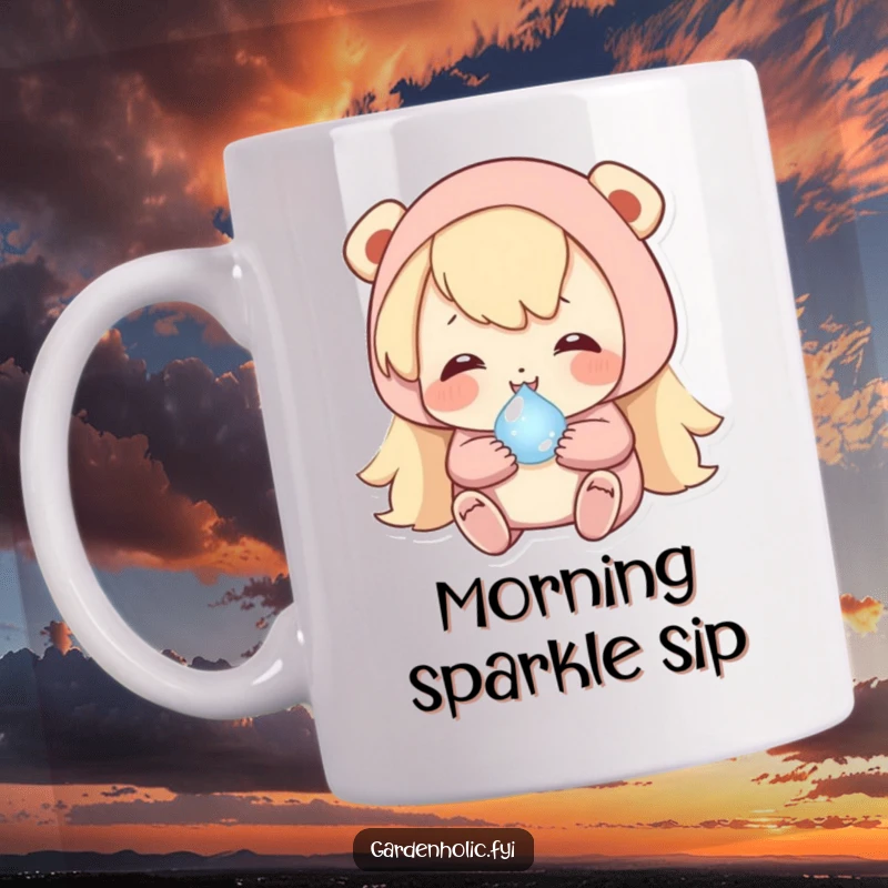 Funny mug showing a happy character carefully cradling a tiny, shimmering dewdrop, conveying gentleness and wonder.