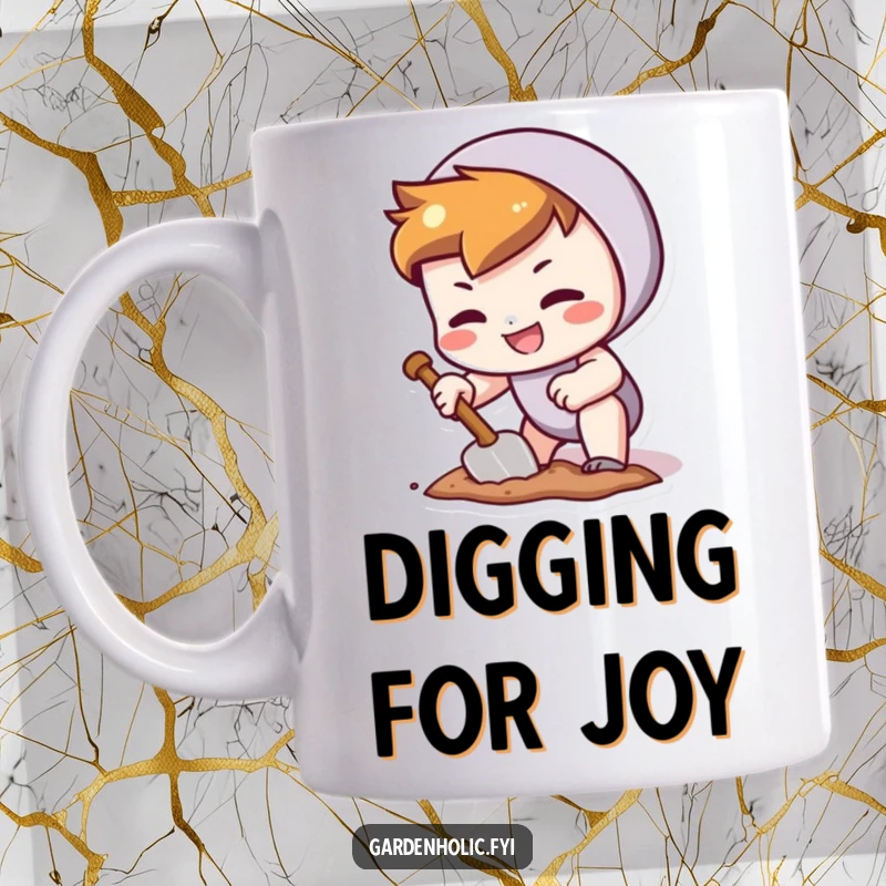 Funny mug showing a character with a determined grin, digging a tiny hole with a trowel, showcasing focused effort.