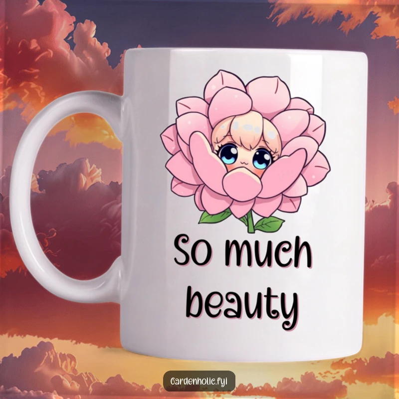 Funny mug featuring a character with wide eyes looking up in amazement at a gigantic, beautifully blooming flower, full of wonder.