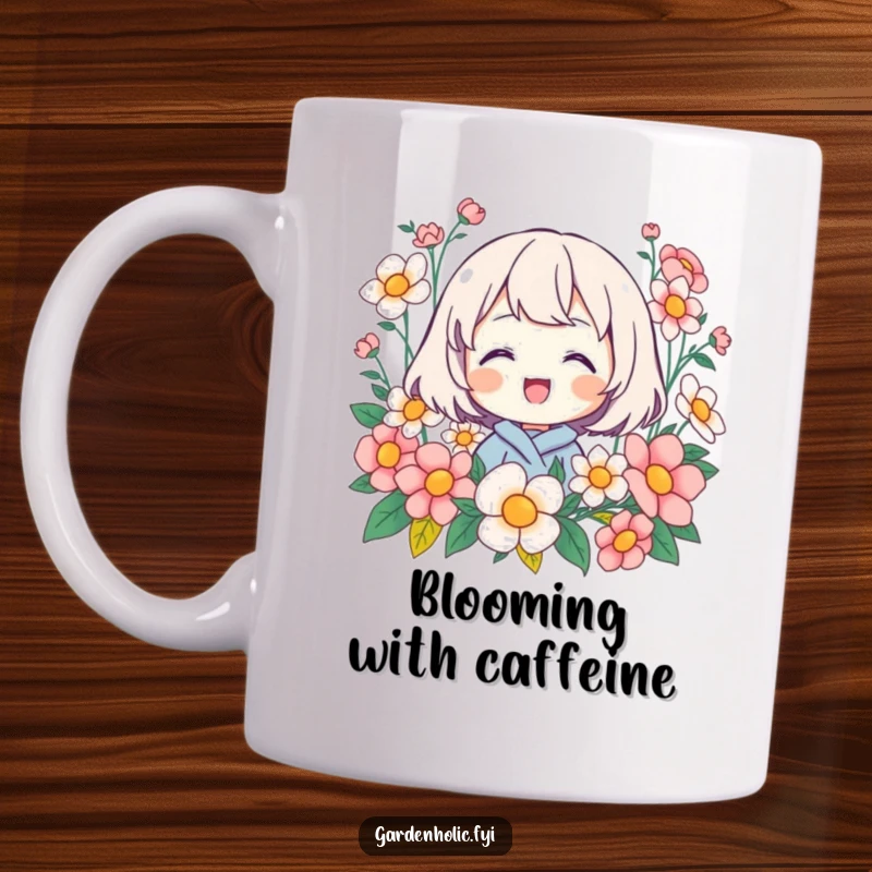Funny mug with a character beaming happily, surrounded by vibrant blooming flowers, radiating pure joy and floral delight.