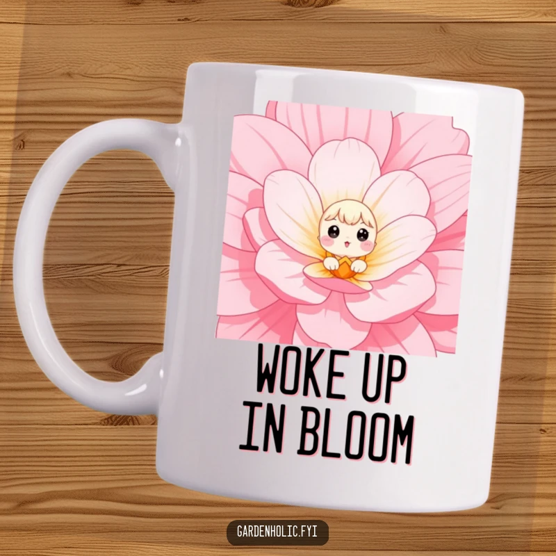 Funny Mug of a small character with wide eyes peeking out from a huge flower bloom, showing surprise and wonder.