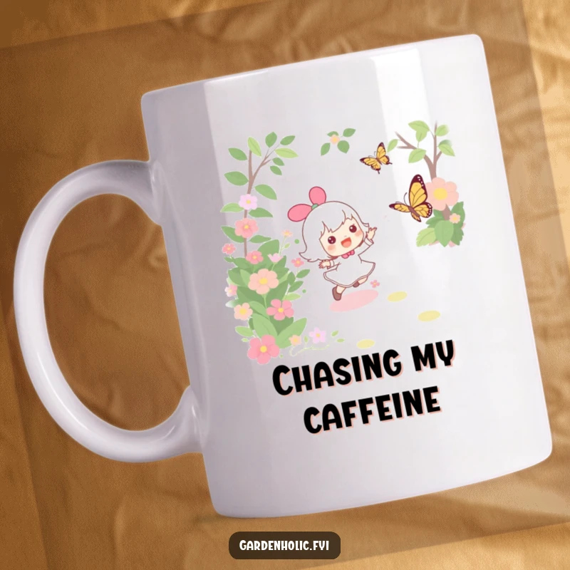 Funny mug featuring a character joyfully chasing a fluttering butterfly through a vibrant garden, embodying playful delight.