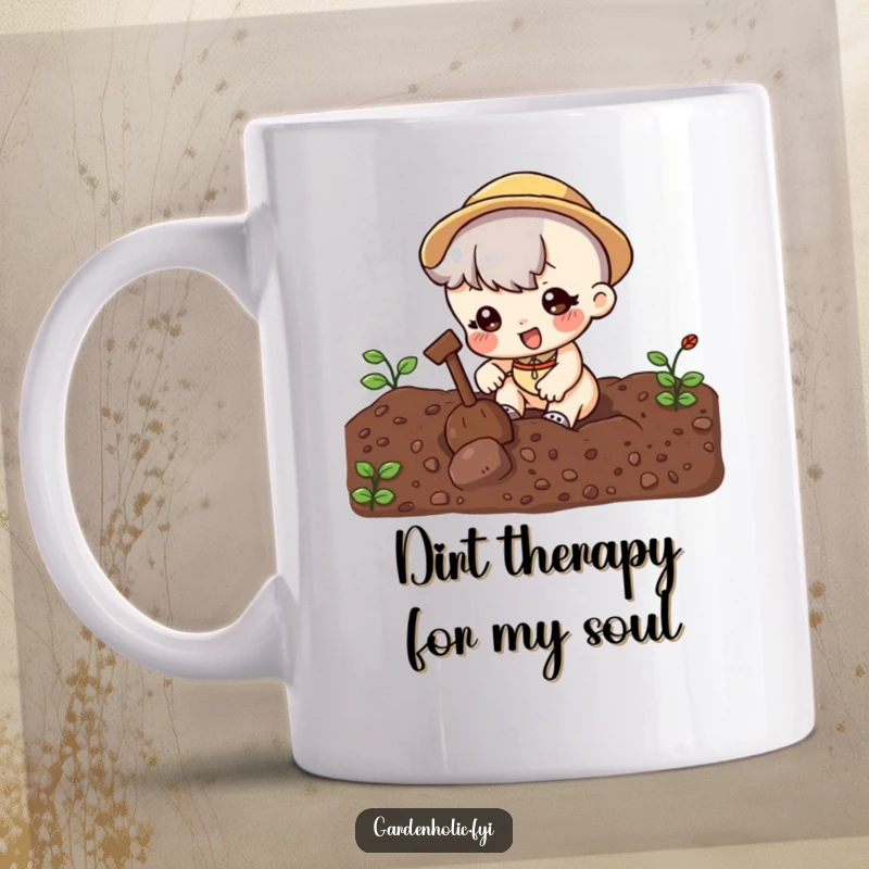 Funny Mug: Adorable character enthusiastically digging in rich soil, symbolizing a passion for gardening with a humorous twist.