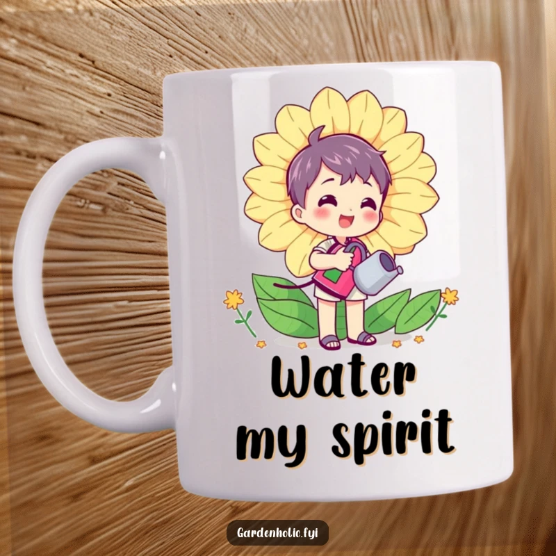 Funny mug showing a character happily watering a huge, smiling flower with a tiny watering can, symbolizing care and vibrant growth.