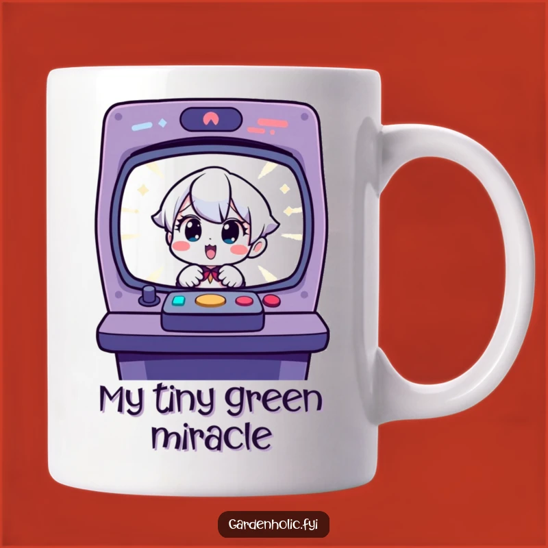 Funny Gardening Mug: Surprised Character Delighted by Sprouting Seedling Gift