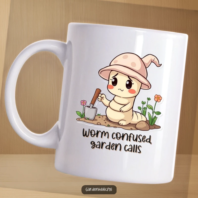 Funny mug of a confused worm wearing a tiny gardening hat and holding a trowel, contemplating its gardening duties.