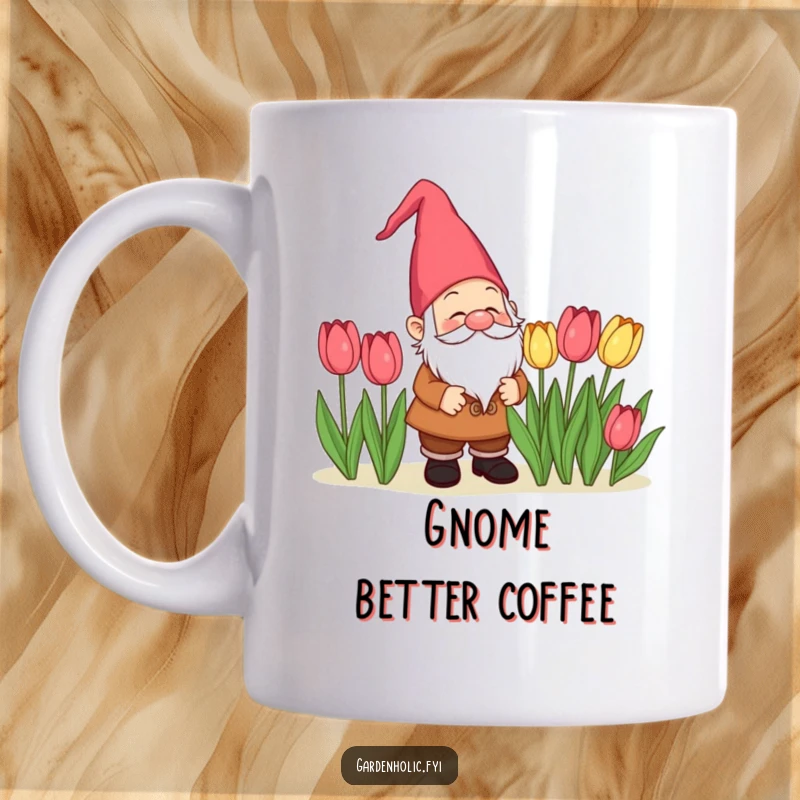 Funny delighted gnome character admiring a row of blooming tulips on a mug, a charming garden gift.