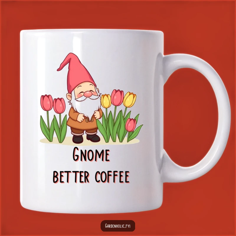 Funny Gnome Admiring Tulips Mug: Garden Delight Scene, Perfect Gift