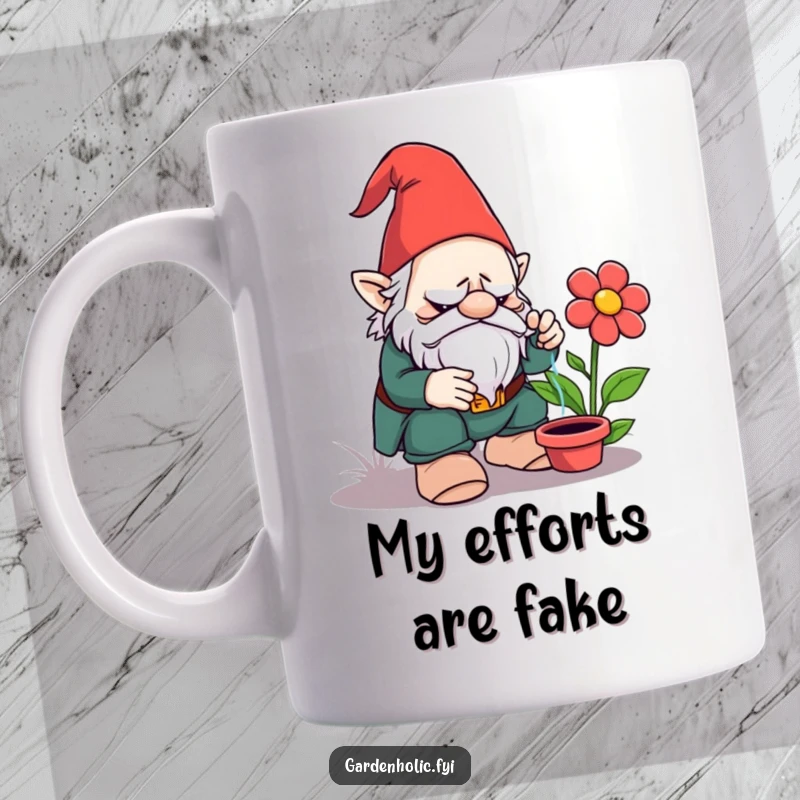 Funny mug: Grumpy garden gnome looking annoyed while attempting to water a fake plastic flower, a comical gardening mishap.