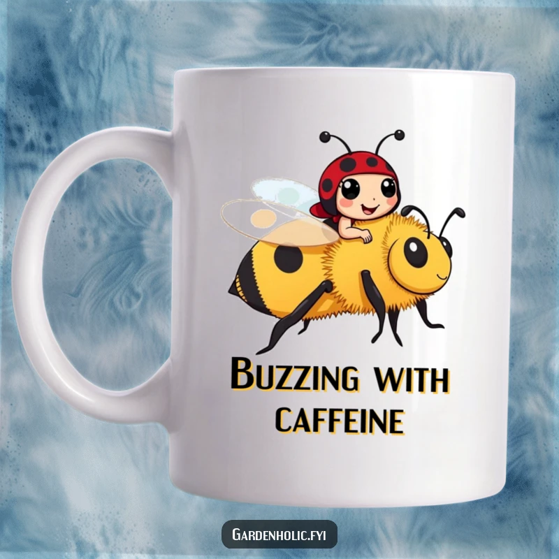 Funny cheerful ladybug character joyfully riding a large, friendly bumblebee on a ceramic mug, a cute nature gift.