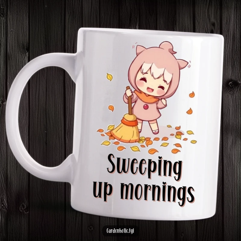Funny Mug: Character enthusiastically sweeping fallen leaves with a tiny broom, embodying diligence and a humorous take on chores.