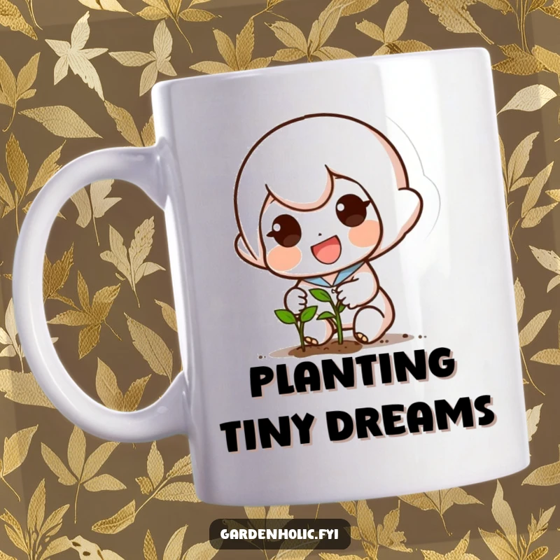 Funny mug of a small, excited character with a determined smile planting a tiny seed, celebrating growth and effort.