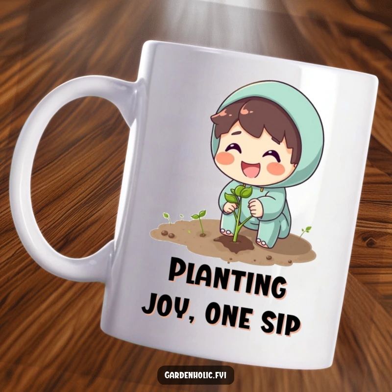 Funny mug showing a character excitedly planting a seed with a wide, beaming smile, symbolizing new beginnings.