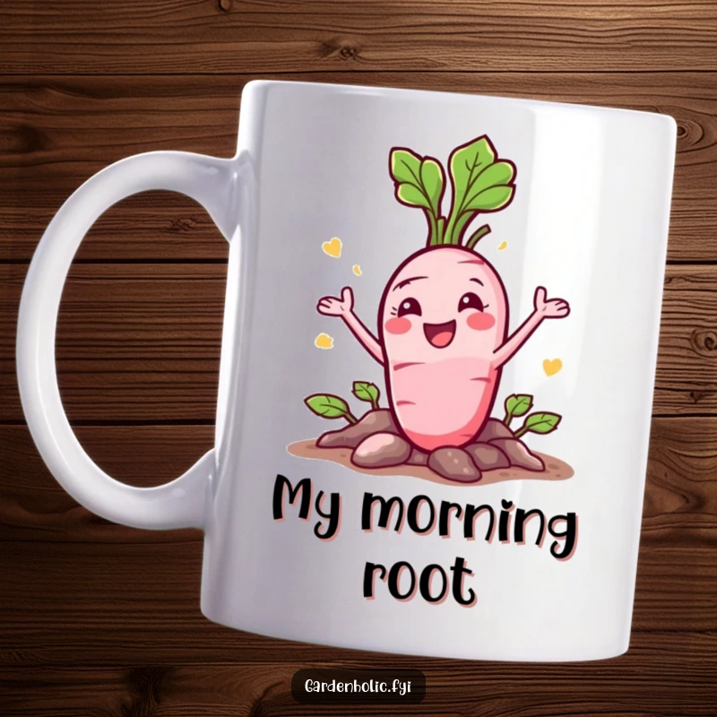 Funny Radish Mug: A happy character bursting from the ground with a flourish, celebrating freshness.