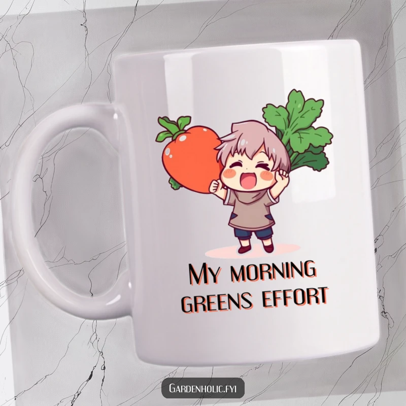 Funny mug featuring a joyful character triumphantly holding a massive, vibrant carrot, celebrating healthy eating and gardening success.