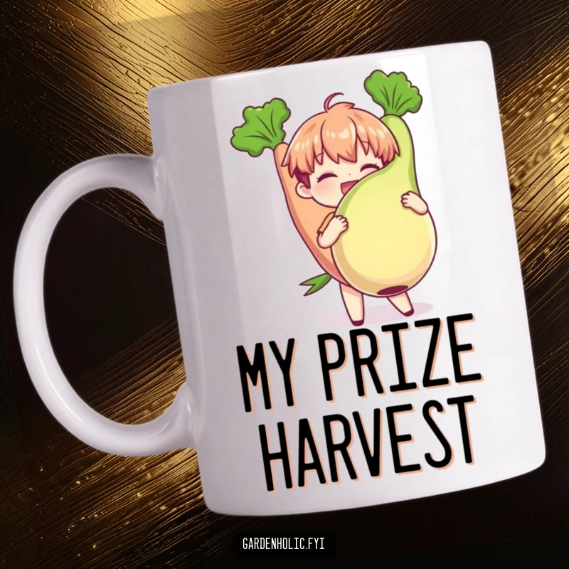 Funny Mug: Character joyfully holding a plump, oversized vegetable, celebrating bountiful harvests with humorous garden pride.