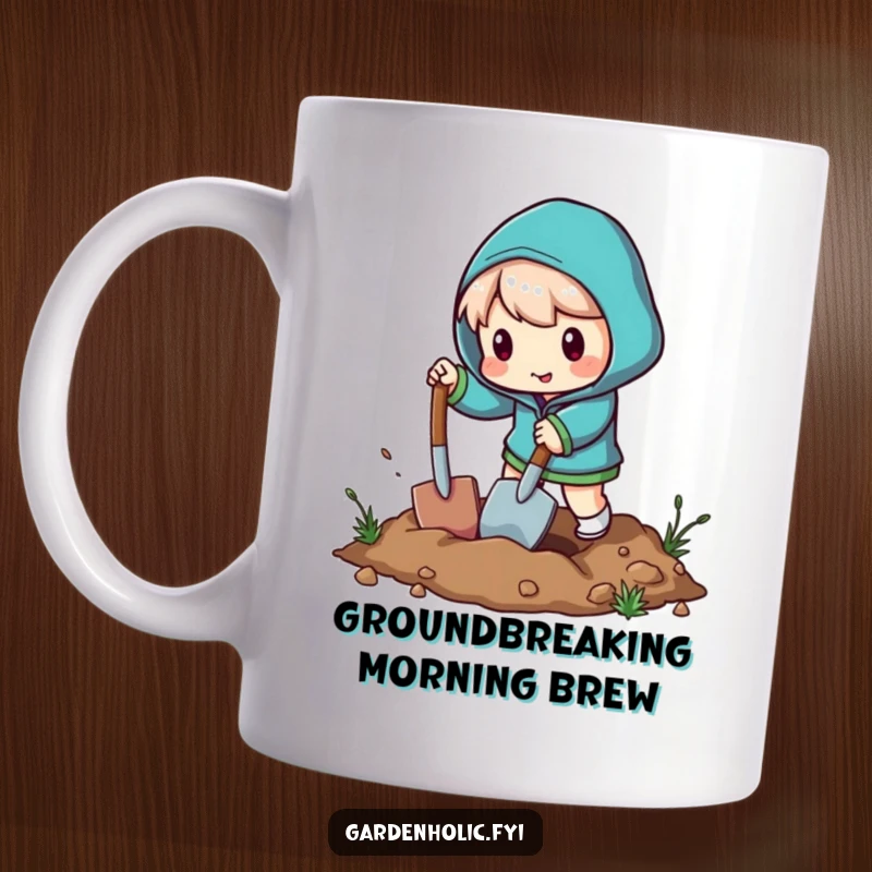 Funny mug of a character energetically digging a hole with a miniature shovel, conveying playful determination and humor.