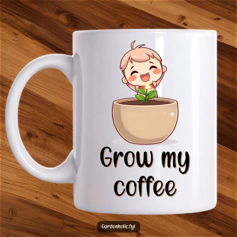 Funny mug showing a cute character joyfully planting a tiny, sparkling seed in a large pot, symbolizing growth and new beginnings.