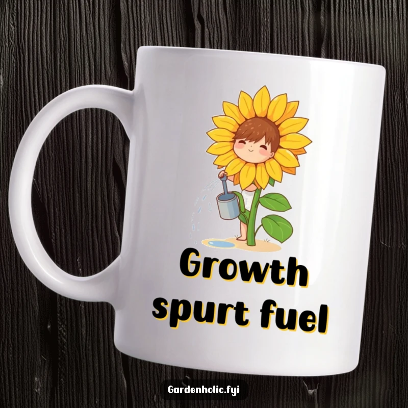 Funny mug showing a small, joyful character happily watering a single, enormous sunflower, radiating positivity and growth.