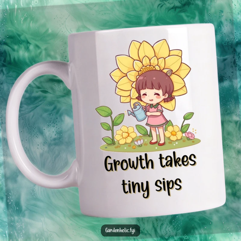 Funny mug depicting a character joyfully tending to a huge, blooming flower using a comically small watering can.
