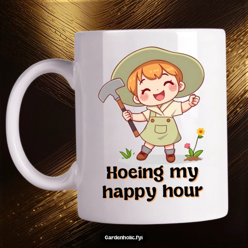 Funny Mug of a character joyfully swinging a gardening hoe with a determined smile, depicting enthusiastic gardening.