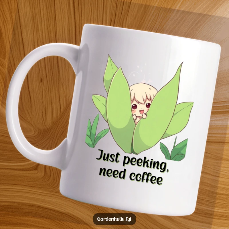Funny Mug: Character playfully peeking out from behind a large, leafy plant, bringing a smile and a touch of green humor.