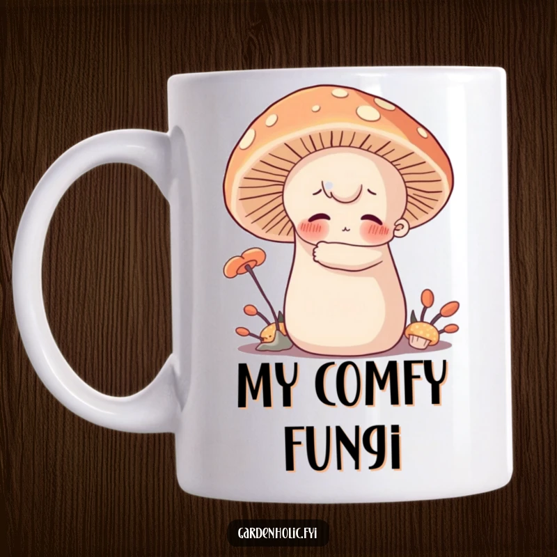 Funny Mug: Character with rosy cheeks hugging a giant, soft mushroom, embodying warmth, comfort, and humorous forest affection.
