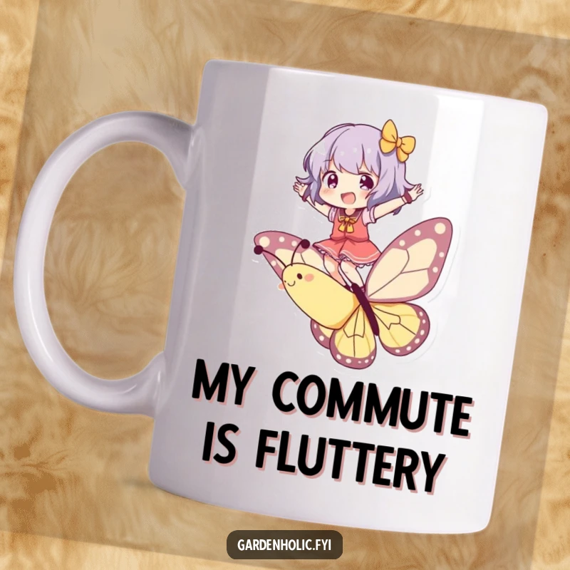 Funny Mug: Character joyfully balancing on a playful butterfly, embodying freedom and a lighthearted, humorous journey.