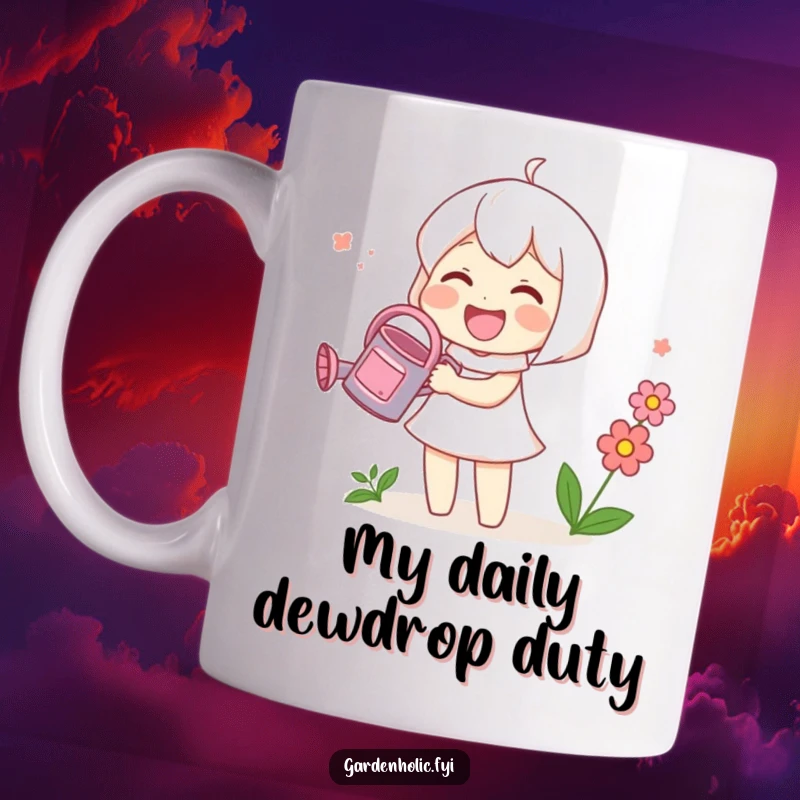 Funny mug featuring a cute, happy character gleefully watering a small, blooming flower with a tiny watering can.