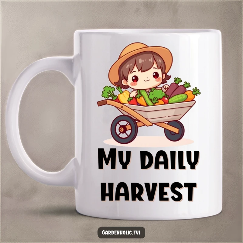 Funny Mug: Cute character with flushed cheeks smiling broadly, holding a wheelbarrow overflowing with vegetables, a funny gift.