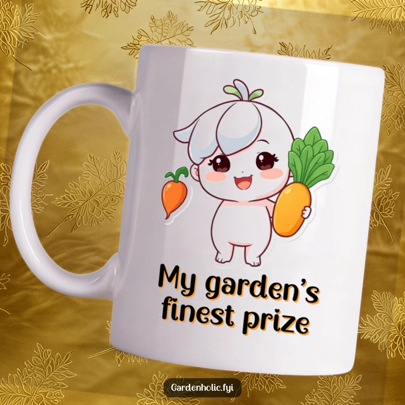 Funny mug: Tiny proud character beaming with glee, holding a perfect, shiny vegetable harvest.
