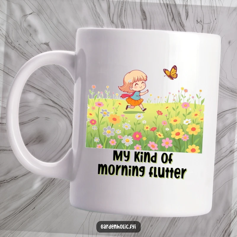Funny mug featuring a character joyfully chasing a butterfly amidst a vibrant field of flowers, embodying pure happiness.