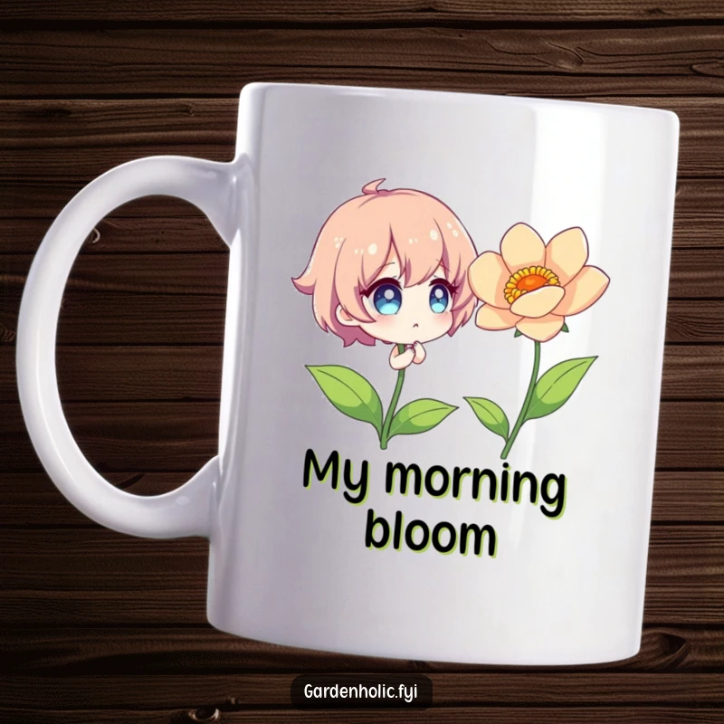 Funny Mug showing a character with sparkling eyes, admiring a perfectly bloomed, vibrant flower with awe.
