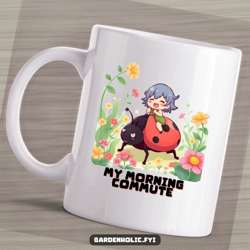 Funny mug featuring a gleeful character joyfully riding a giant ladybug through a vibrant, lush garden, capturing a moment of pure delight.