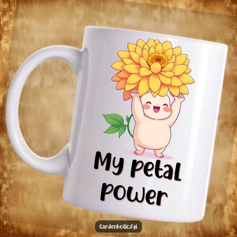 Funny mug of a chubby character triumphantly holding up a giant, vibrant flower, celebrating a successful bloom.