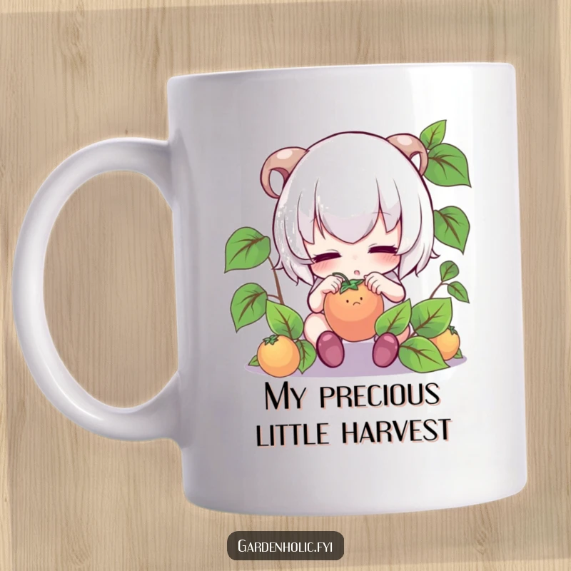 Funny mug: Cute character intensely focused, gently tending to a very small, precious fruit.