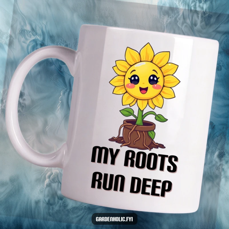 Funny Sunflower Mug with Roots Enthusiastically Digging into a Tiny Pot, a Cheerful and Optimistic Garden Gift