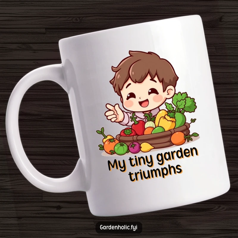 Funny mug featuring a character with a bright smile, gesturing to a bountiful harvest of miniature vegetables, celebrating abundance.