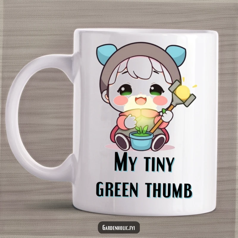 Funny mug showcasing a beaming character joyfully holding a tiny, glowing magical gardening tool, celebrating a love for planting.