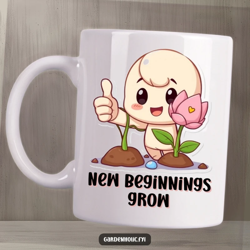 Funny Mug with a proud character giving a thumbs up next to a newly blooming sprout, symbolizing growth.