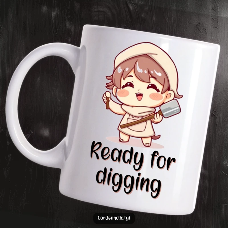 Funny Mug: A character poses playfully with a shiny trowel, ready for gardening action and humor.