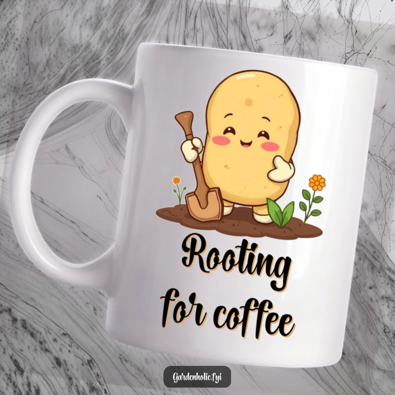 Funny mug: A beaming potato wearing gardening gloves, joyfully digging in the soil, a symbol of gardening happiness.