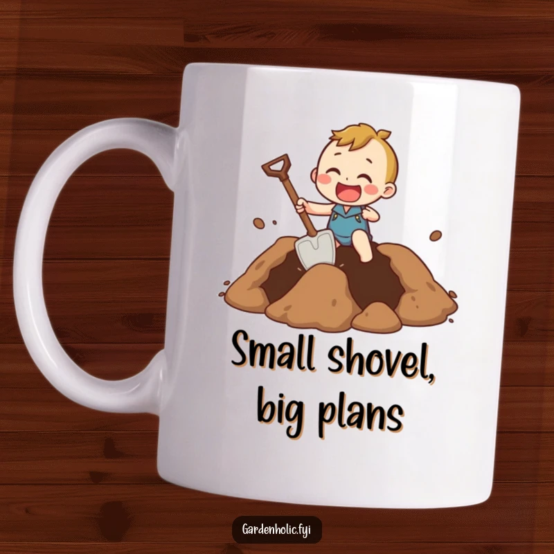 Funny Mug of a character excitedly digging a massive hole using a comically tiny shovel, conveying effort and humor.