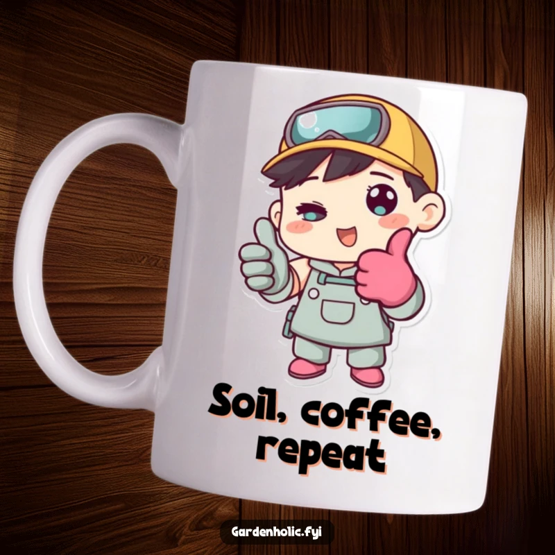 Funny mug featuring a character wearing gardening gloves and giving a confident thumbs up, signifying successful planting and care.