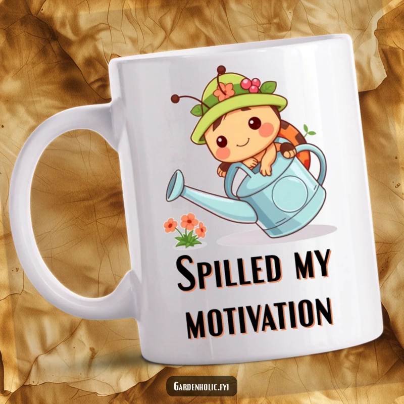 Funny mug featuring a chubby ladybug in a tiny gardening hat, comically tripping over a large watering can. Garden humor.