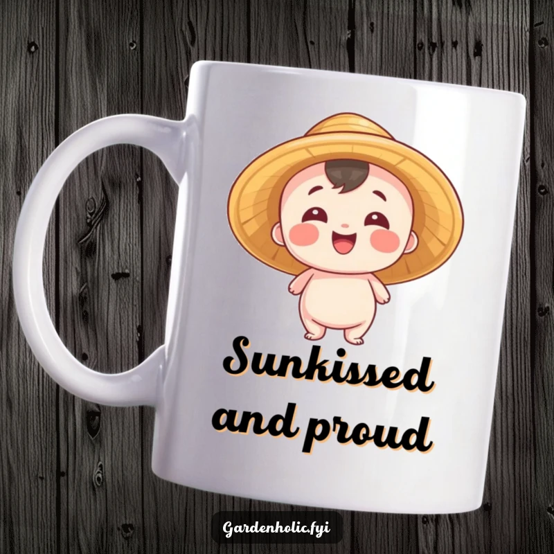 Funny Mug: Small entity wearing a straw hat, beaming with pride and radiating cheerful accomplishment, perfect for winners.