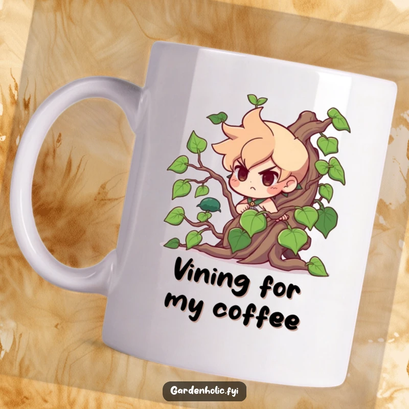 Funny Mug: Determined character heroically struggling to control an enormous, wild vine with a funny, intense expression.