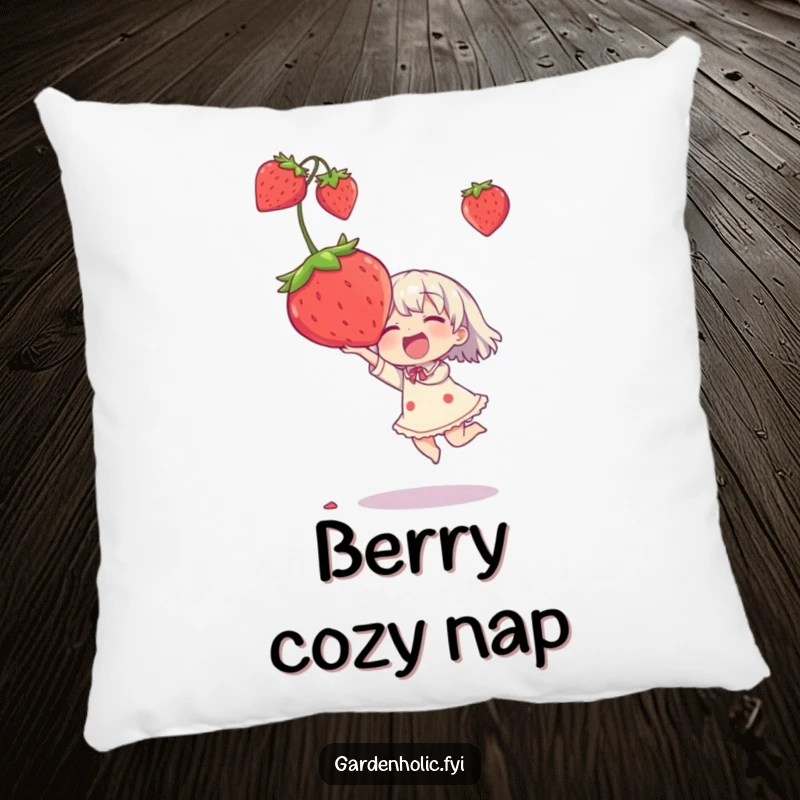 Funny pillow with a character joyfully catching an oversized strawberry, perfect for adding comfort and humor.