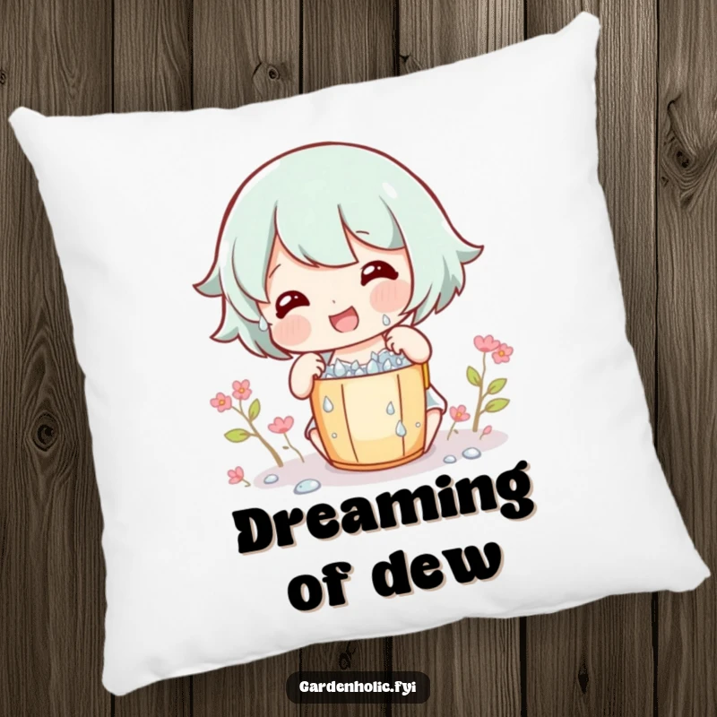 Funny Pillow with a gleeful character collecting dew drops in a miniature bucket, perfect for cozy and whimsical decor.