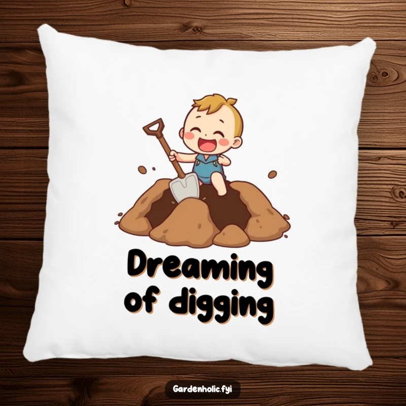 Funny Pillow with a character enthusiastically digging a giant hole using a comically small shovel, symbolizing effort and humor.